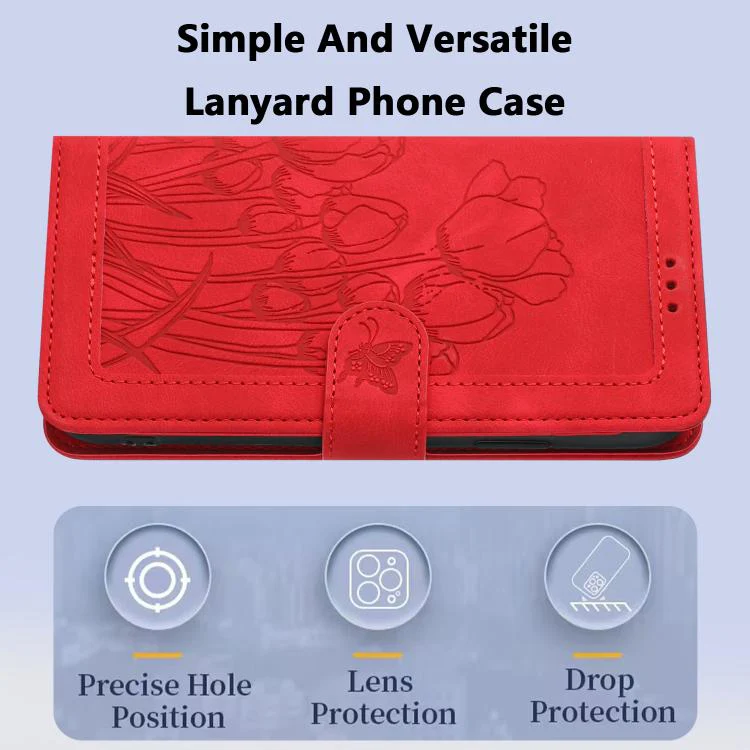 For Sony Xperia 1 VIII Tulips Embossed Leather Phone Case with Lanyard(Red) - Image 8