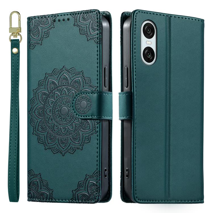 For Sony Xperia 10 ā
„ Totem Embossed Magnetic Closure Vegan Leather Phone Case with Strap(Deep Green) - Image 2