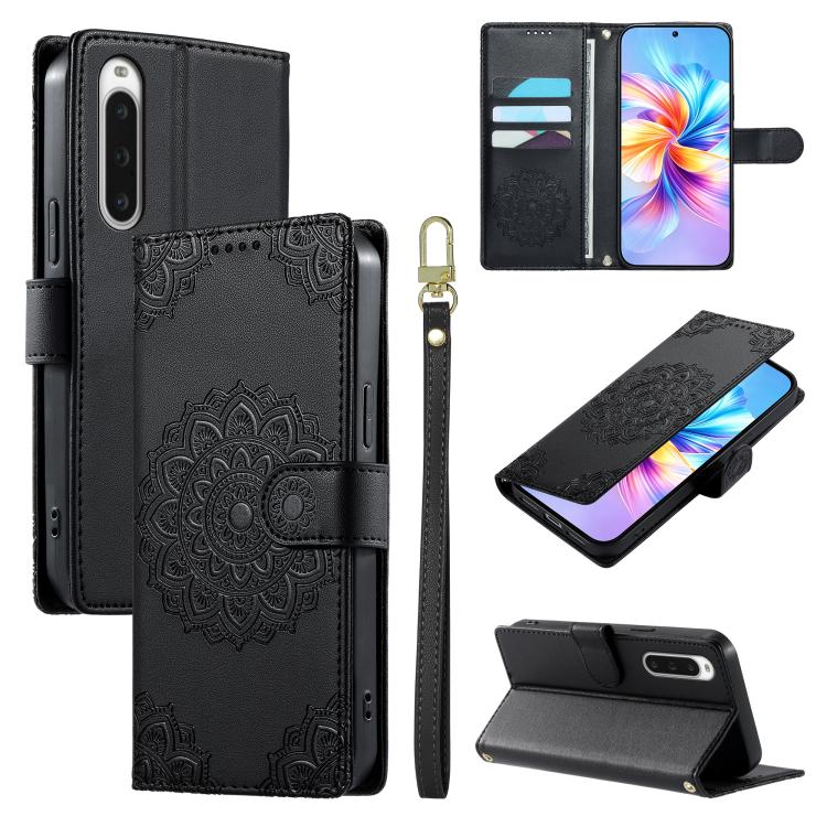 For Sony Xperia 10 V Totem Embossed Magnetic Closure Vegan Leather Phone Case with Strap(Black)