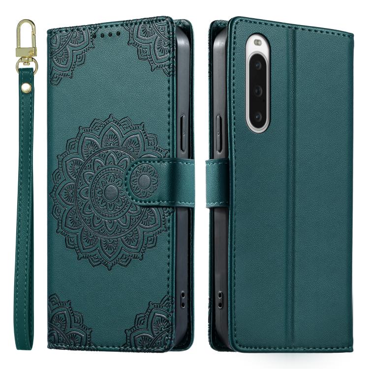 For Sony Xperia 10 V Totem Embossed Magnetic Closure Vegan Leather Phone Case with Strap(Deep Green) - Image 2