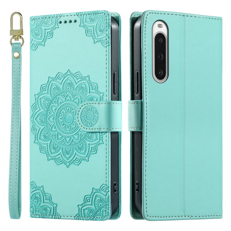 For Sony Xperia 10 V Totem Embossed Magnetic Closure Vegan Leather Phone Case with Strap(Light Green) - Image 2