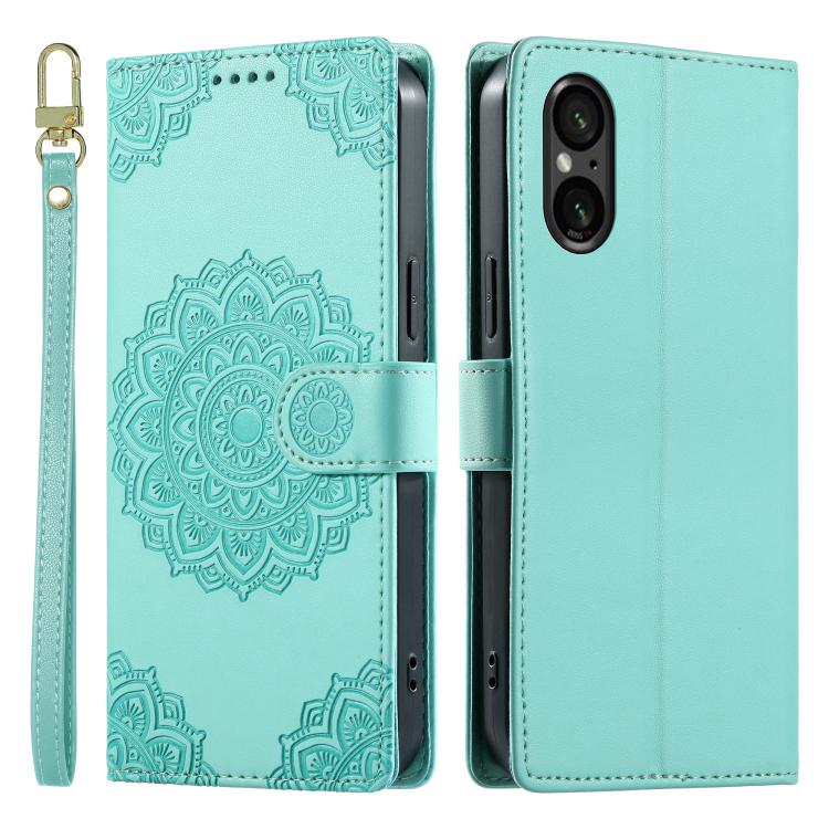 For Sony Xperia 5 Ⅵ Totem Embossed Magnetic Closure Vegan Leather Phone Case with Strap(Light Green) - Image 2