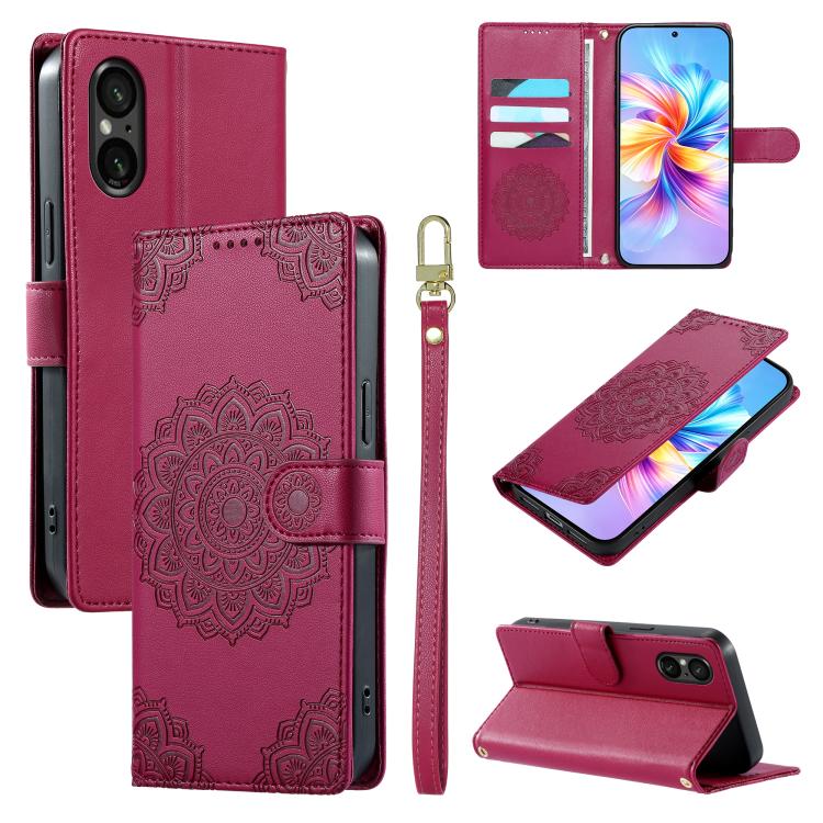 For Sony Xperia 5 Ⅵ Totem Embossed Magnetic Closure Vegan Leather Phone Case with Strap(Rose Red)