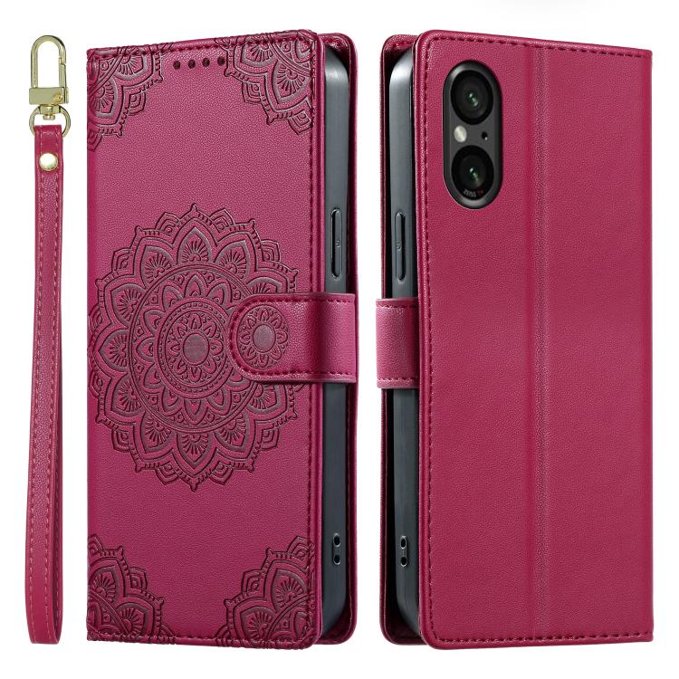 For Sony Xperia 5 Ⅵ Totem Embossed Magnetic Closure Vegan Leather Phone Case with Strap(Rose Red) - Image 2