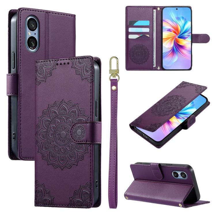 For Sony Xperia 5 V Totem Embossed Magnetic Closure Vegan Leather Phone Case with Strap(Purple)