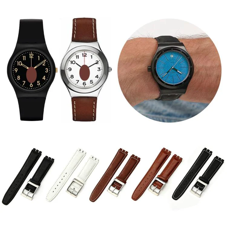 For Swatch 17mm xDfind Convex Mouth Steel-colored Buckle Litchi Texture Genuine Leather Watch Band(Brown and White) - Image 2