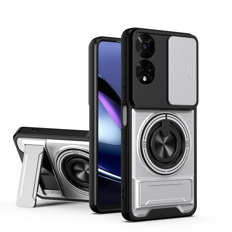 For TCL 50 5G Lens Sliding Window Multifunctional Magnetic Shockproof Phone Case(Titanium Gray)