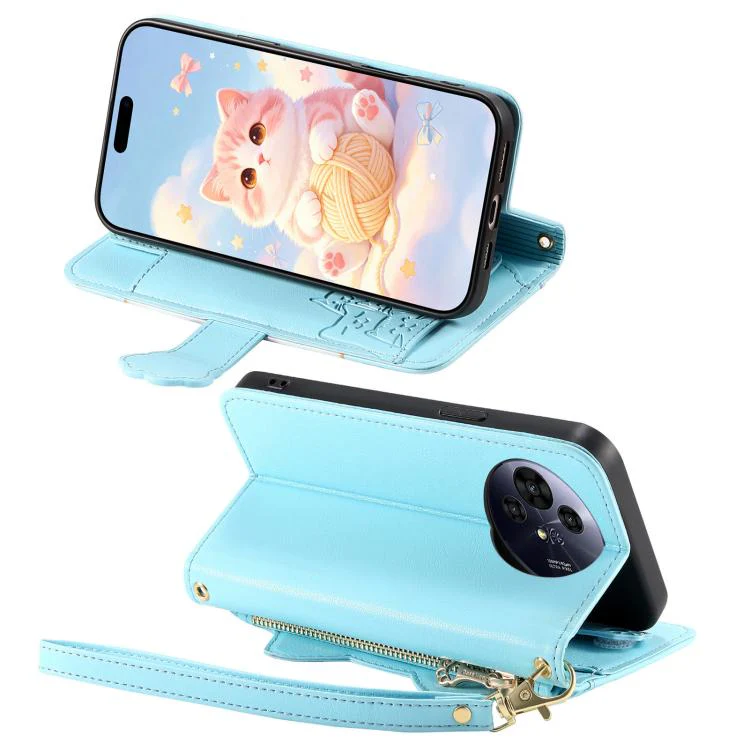 For TCL 50 Pro Nxtpaper 5G Cat-shaped Zipper Wallet Vegan Leather Phone Case with Strap(Blue) - Image 3