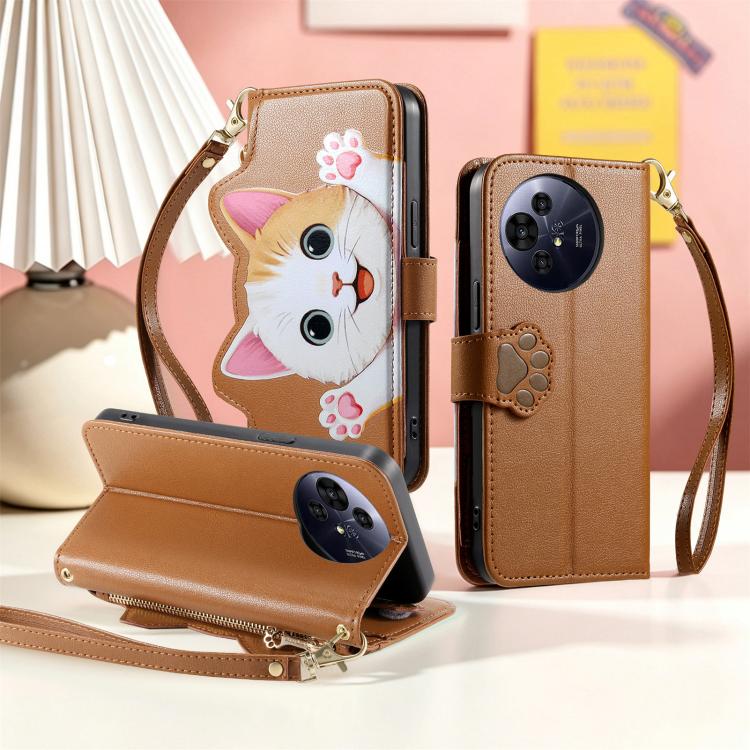 For TCL 50 Pro Nxtpaper 5G Cat-shaped Zipper Wallet Vegan Leather Phone Case with Strap(Brown) - Image 6
