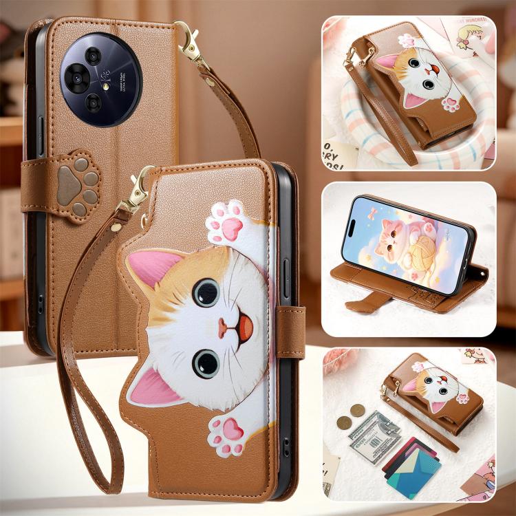 For TCL 50 Pro Nxtpaper 5G Cat-shaped Zipper Wallet Vegan Leather Phone Case with Strap(Brown) - Image 7