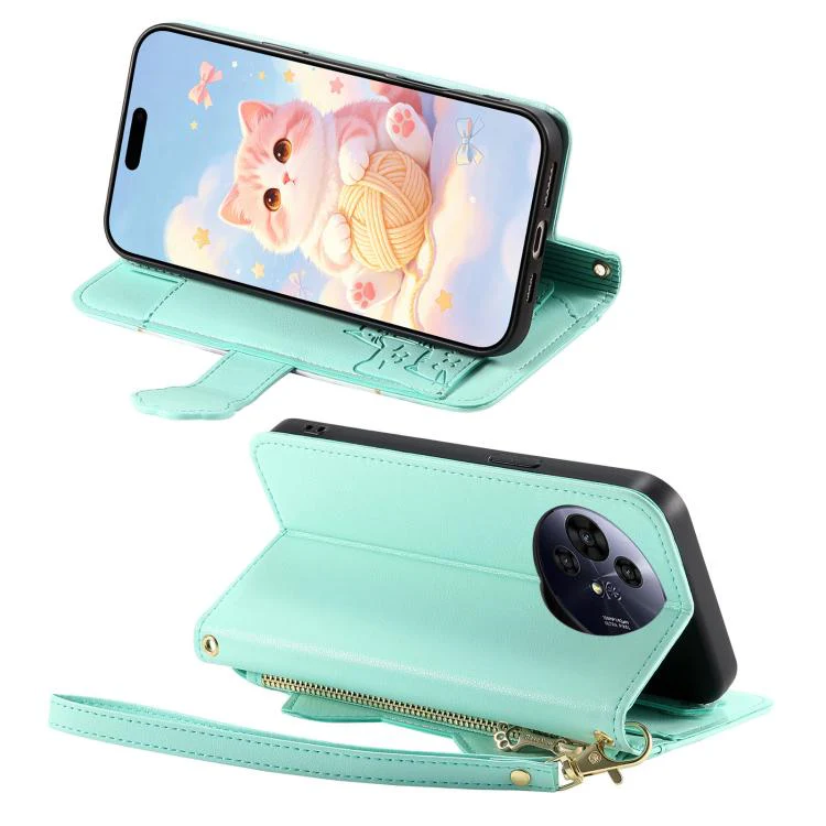 For TCL 50 Pro Nxtpaper 5G Cat-shaped Zipper Wallet Vegan Leather Phone Case with Strap(Green) - Image 3