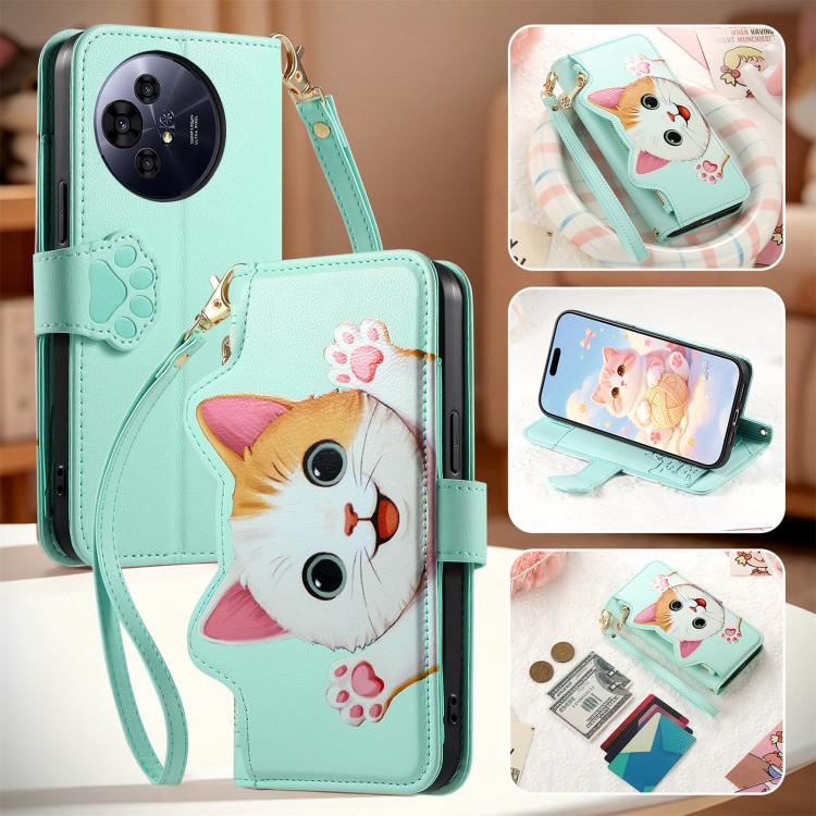For TCL 50 Pro Nxtpaper 5G Cat-shaped Zipper Wallet Vegan Leather Phone Case with Strap(Green) - Image 7