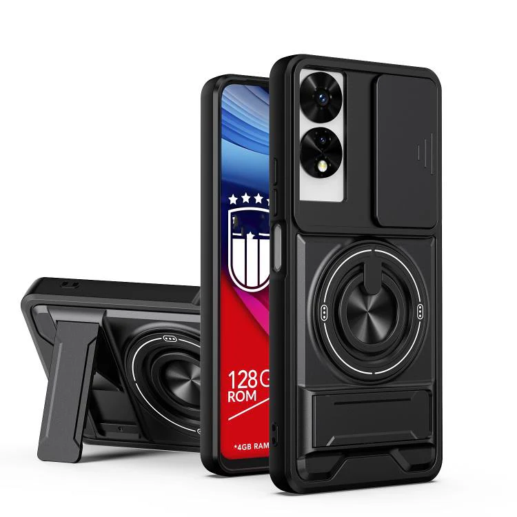 For TCL 505 4G Lens Sliding Window Multifunctional Magnetic Shockproof Phone Case(Black)