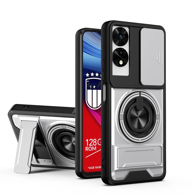 For TCL 505 4G Lens Sliding Window Multifunctional Magnetic Shockproof Phone Case(Titanium Gray)