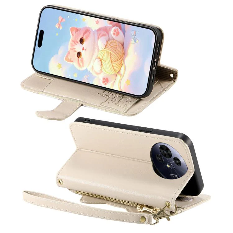 For TCL 60 SE Nxtpaper Cat-shaped Zipper Wallet Vegan Leather Phone Case with Strap(Beige) - Image 3