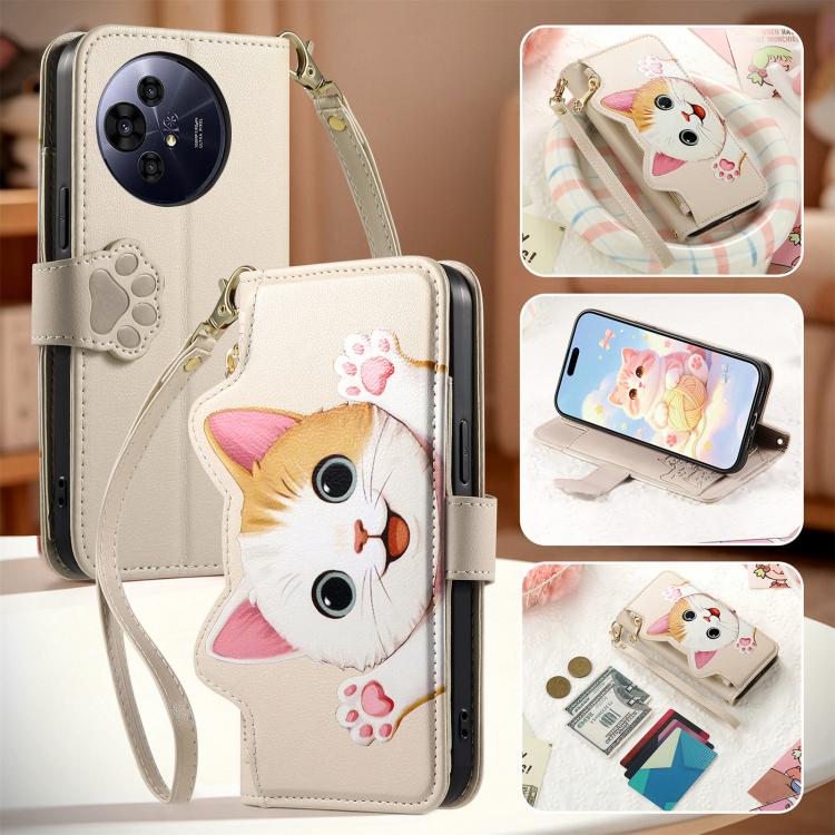 For TCL 60 SE Nxtpaper Cat-shaped Zipper Wallet Vegan Leather Phone Case with Strap(Beige) - Image 7
