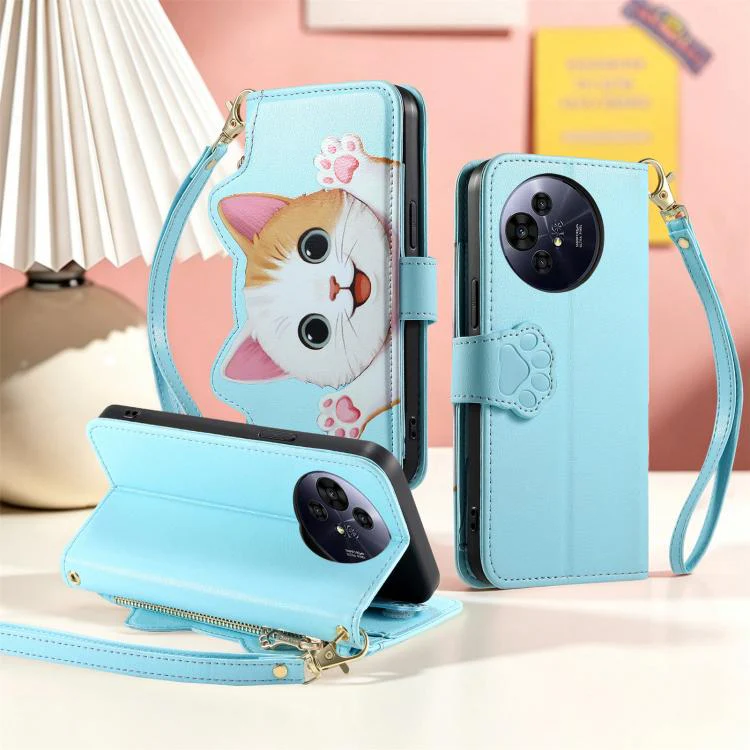 For TCL 60 SE Nxtpaper Cat-shaped Zipper Wallet Vegan Leather Phone Case with Strap(Blue) - Image 6