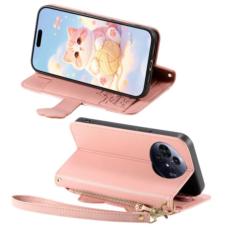 For TCL 60 SE Nxtpaper Cat-shaped Zipper Wallet Vegan Leather Phone Case with Strap(Pink) - Image 3