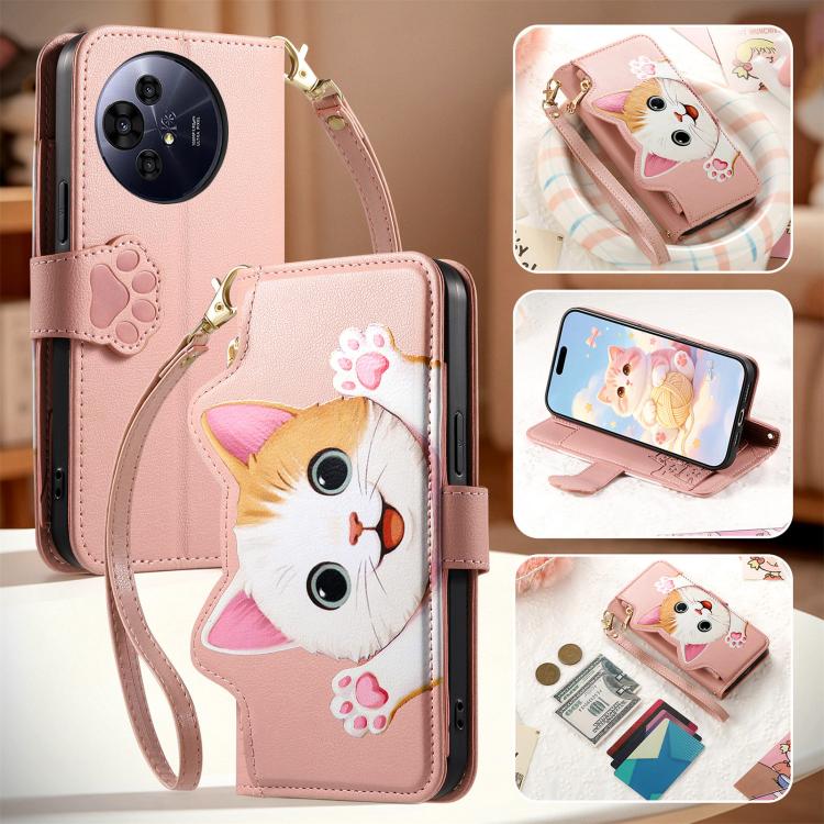 For TCL 60 SE Nxtpaper Cat-shaped Zipper Wallet Vegan Leather Phone Case with Strap(Pink) - Image 7