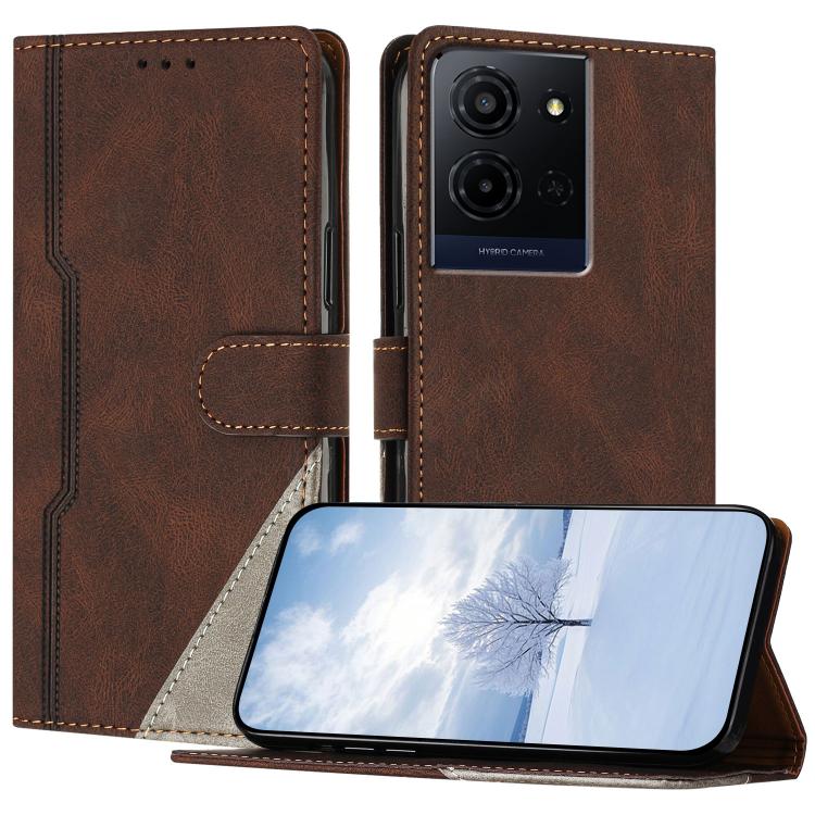 For TCL K33 5G / K32 Color Matching Buckle Clasp Vegan Leather Phone Case(Brown)
