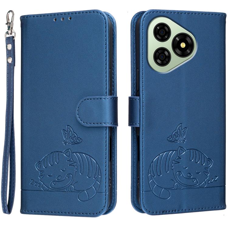 For Ulefone Note 19 Cat Butterfly Embossed RFID Vegan Leather Phone Case with Strap(Dark Blue)