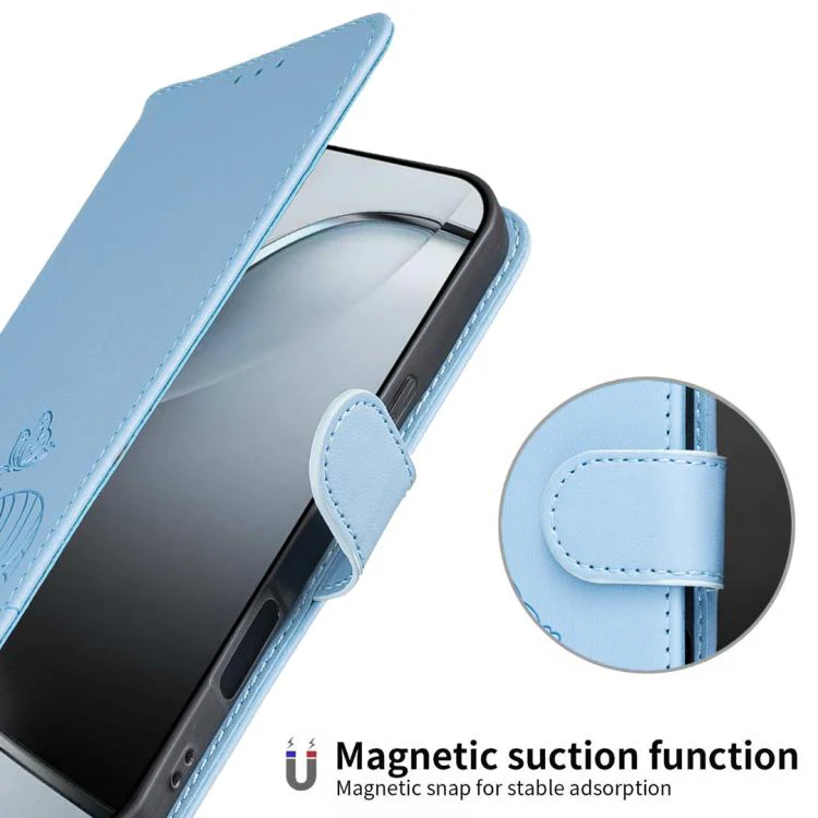 For Ulefone Note 19 Cat Butterfly Embossed RFID Vegan Leather Phone Case with Strap(Light Blue) - Image 4