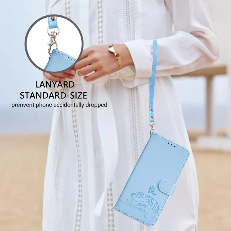 For Ulefone Note 19 Cat Butterfly Embossed RFID Vegan Leather Phone Case with Strap(Light Blue) - Image 7