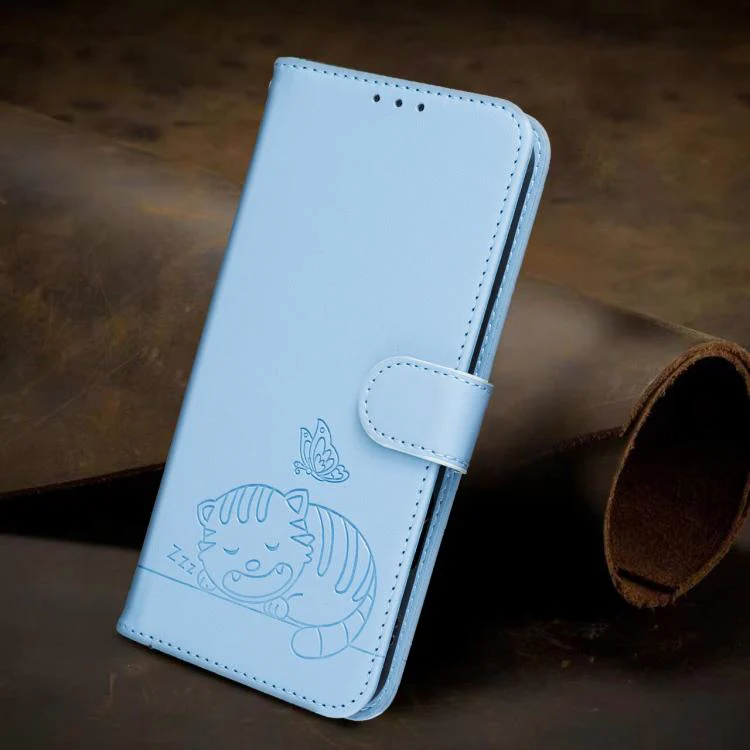 For Ulefone Note 19 Cat Butterfly Embossed RFID Vegan Leather Phone Case with Strap(Light Blue) - Image 9