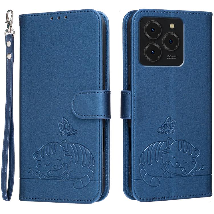 For Ulefone Note 20 Pro Cat Butterfly Embossed RFID Vegan Leather Phone Case with Strap(Dark Blue)