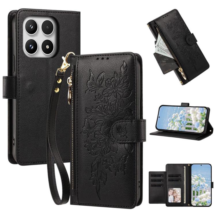 For Xiaomi 17 5G Butterfly Flower Zipper Wallet Vegan Leather Phone Case with Strap(Black)