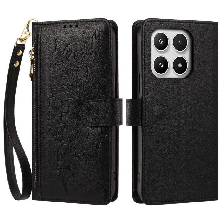 For Xiaomi 17 5G Butterfly Flower Zipper Wallet Vegan Leather Phone Case with Strap(Black) - Image 2