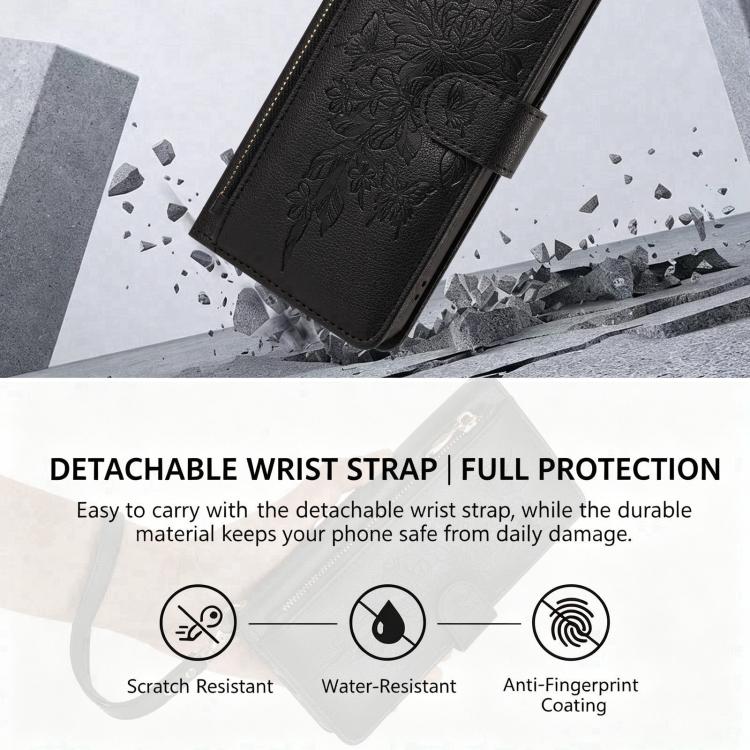 For Xiaomi 17 5G Butterfly Flower Zipper Wallet Vegan Leather Phone Case with Strap(Black) - Image 4