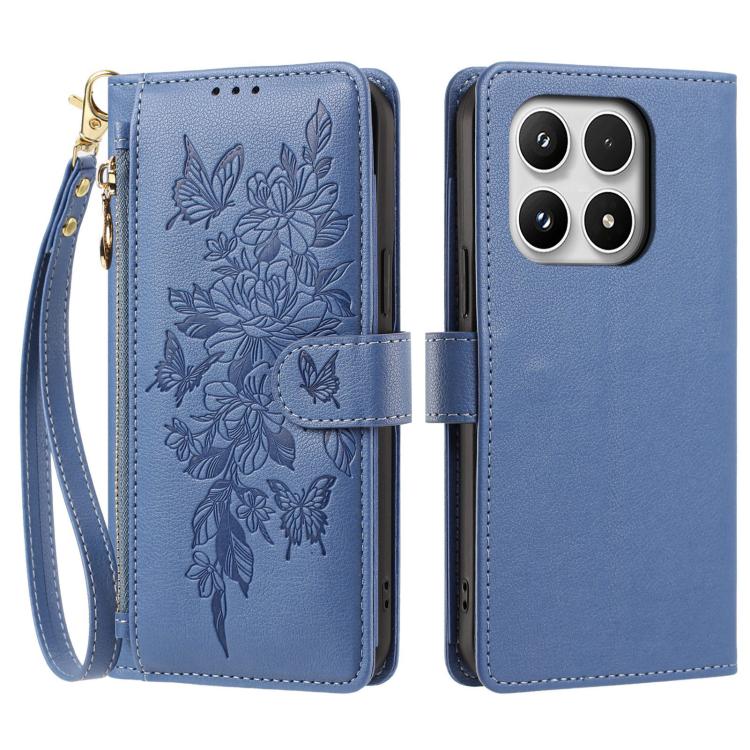 For Xiaomi 17 5G Butterfly Flower Zipper Wallet Vegan Leather Phone Case with Strap(Dark Blue) - Image 2