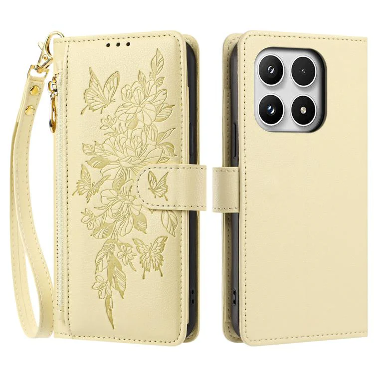 For Xiaomi 17 5G Butterfly Flower Zipper Wallet Vegan Leather Phone Case with Strap(Yellow) - Image 2
