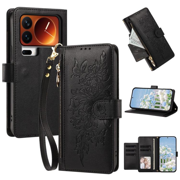 For Xiaomi 17 Pro 5G Butterfly Flower Zipper Wallet Vegan Leather Phone Case with Strap(Black)
