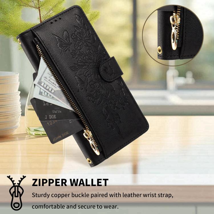 For Xiaomi 17 Pro 5G Butterfly Flower Zipper Wallet Vegan Leather Phone Case with Strap(Black) - Image 6