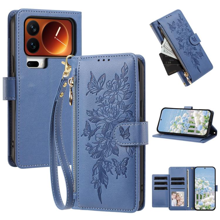 For Xiaomi 17 Pro 5G Butterfly Flower Zipper Wallet Vegan Leather Phone Case with Strap(Dark Blue)