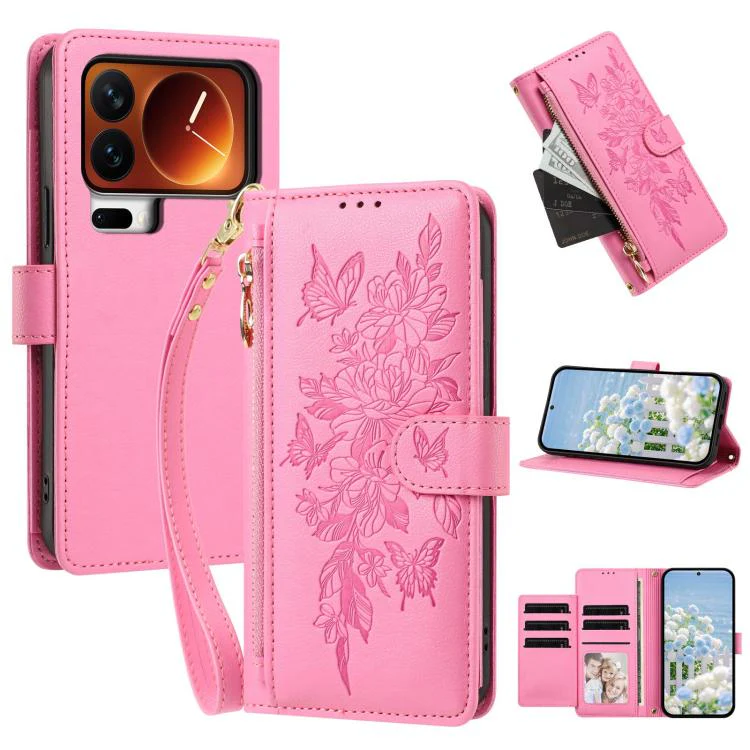 For Xiaomi 17 Pro 5G Butterfly Flower Zipper Wallet Vegan Leather Phone Case with Strap(Pink)