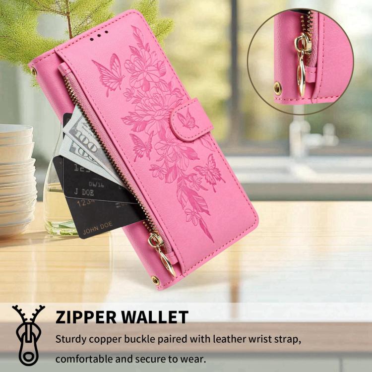 For Xiaomi 17 Pro 5G Butterfly Flower Zipper Wallet Vegan Leather Phone Case with Strap(Pink) - Image 6