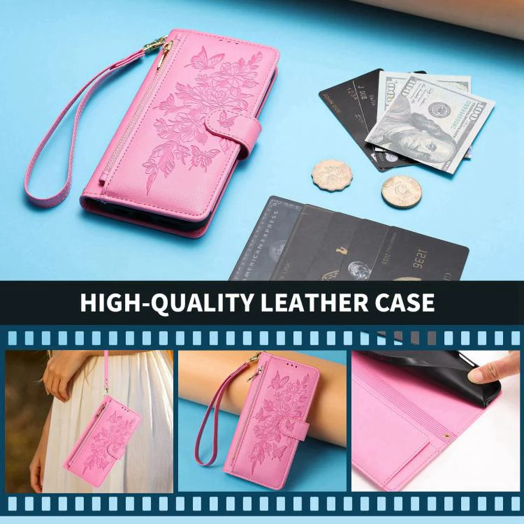 For Xiaomi 17 Pro 5G Butterfly Flower Zipper Wallet Vegan Leather Phone Case with Strap(Pink) - Image 8