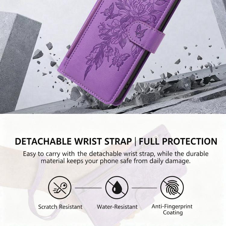 For Xiaomi 17 Pro 5G Butterfly Flower Zipper Wallet Vegan Leather Phone Case with Strap(Purple) - Image 4