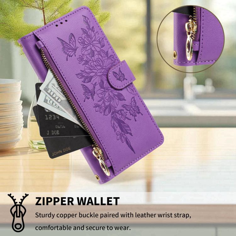 For Xiaomi 17 Pro 5G Butterfly Flower Zipper Wallet Vegan Leather Phone Case with Strap(Purple) - Image 6