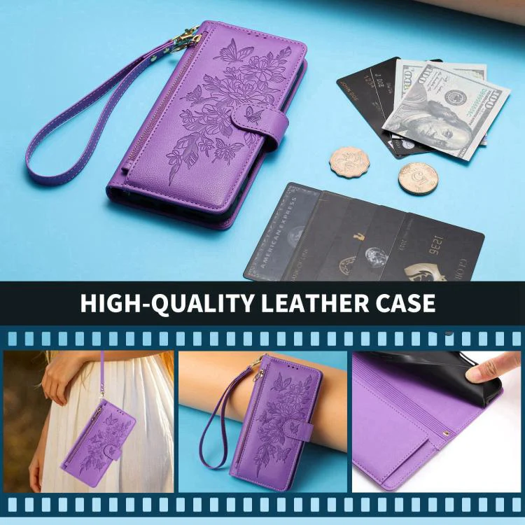 For Xiaomi 17 Pro 5G Butterfly Flower Zipper Wallet Vegan Leather Phone Case with Strap(Purple) - Image 8
