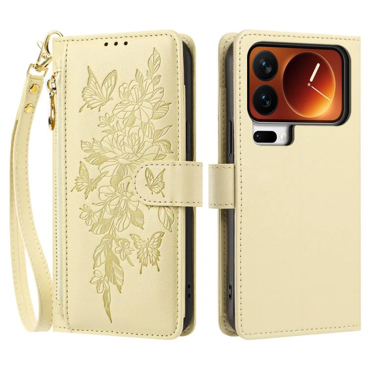 For Xiaomi 17 Pro 5G Butterfly Flower Zipper Wallet Vegan Leather Phone Case with Strap(Yellow) - Image 2