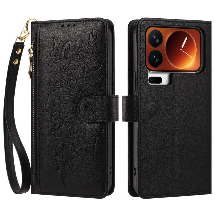 For Xiaomi 17 Pro Max 5G Butterfly Flower Zipper Wallet Vegan Leather Phone Case with Strap(Black) - Image 2