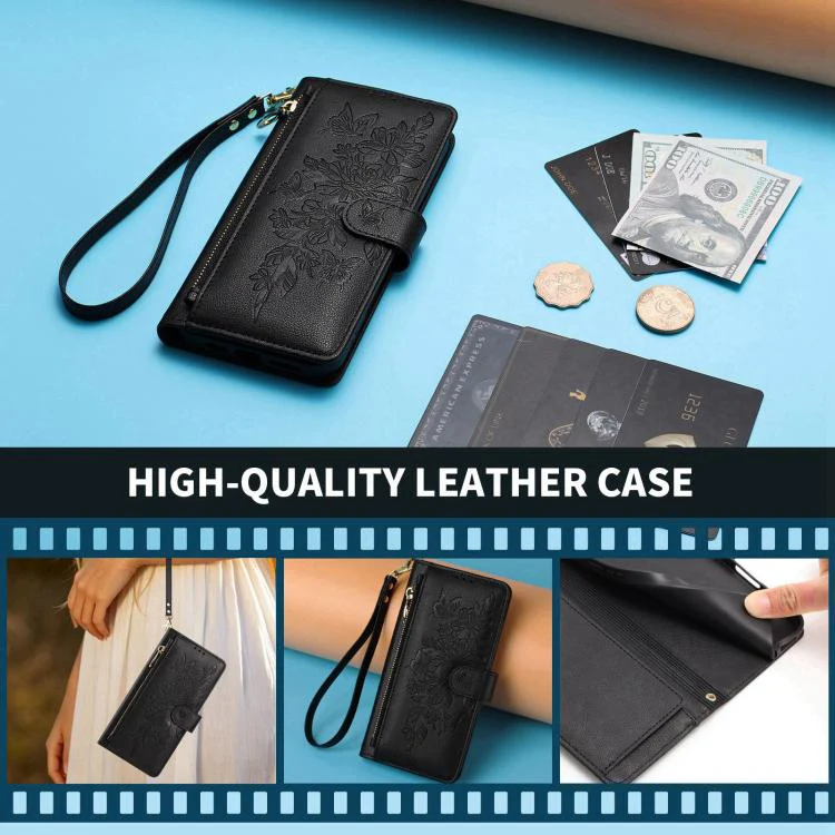 For Xiaomi 17 Pro Max 5G Butterfly Flower Zipper Wallet Vegan Leather Phone Case with Strap(Black) - Image 8
