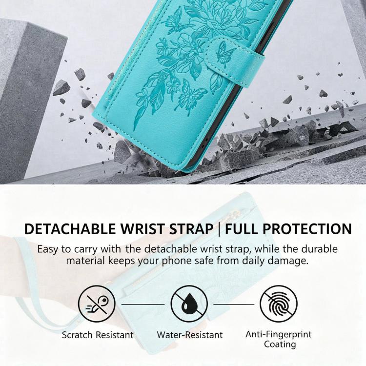 For Xiaomi 17 Pro Max 5G Butterfly Flower Zipper Wallet Vegan Leather Phone Case with Strap(Lake Blue) - Image 4