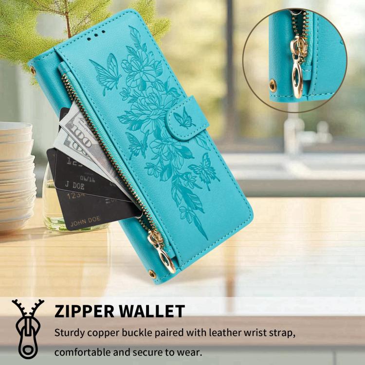 For Xiaomi 17 Pro Max 5G Butterfly Flower Zipper Wallet Vegan Leather Phone Case with Strap(Lake Blue) - Image 6