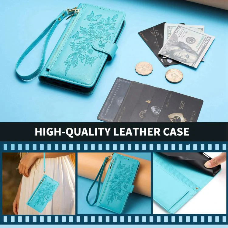 For Xiaomi 17 Pro Max 5G Butterfly Flower Zipper Wallet Vegan Leather Phone Case with Strap(Lake Blue) - Image 8