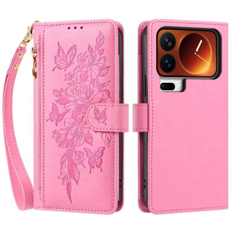 For Xiaomi 17 Pro Max 5G Butterfly Flower Zipper Wallet Vegan Leather Phone Case with Strap(Pink) - Image 2